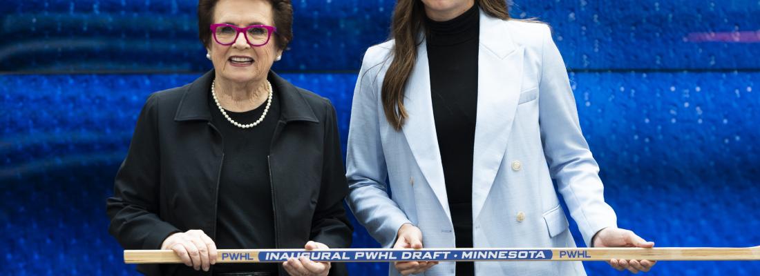 Minnesota's Taylor Heise, right, poses for a photo with former American tennis player Billie Jean King after being selected 1st overall during the first round of the inaugural Professional Women’s Hockey League draft in Toronto, on, September 18, 2023. (THE CANADIAN PRESS/Spencer Colby) 