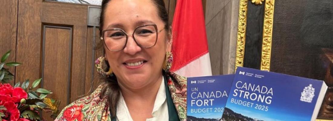 Minister of Indigenous Affairs Mandy Gull Masty holds a copy of the 2025 federal budget. (Photo via X.)