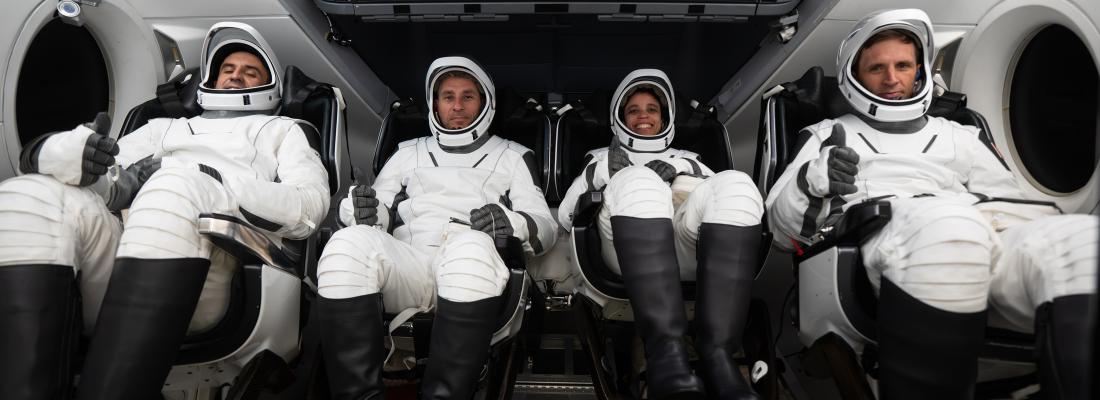 SpaceX Crew 13. From left to right: Sergey Teteryatnikov, Luke Delaney, Jessica Watkins, and Joshua Kutryk. (Photo: Canadian Space Agency, SpaceX)