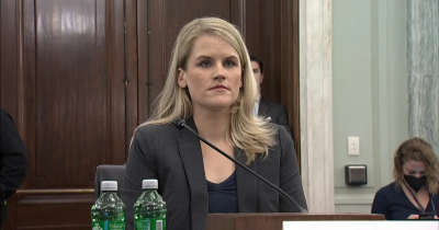[caption:] C-SPAN feed of Frances Haugen as she testified before Congress on October 5, 2021. 