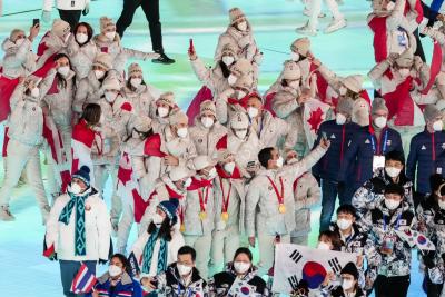 Team Canada arrives at the closing ceremony during the Beijing 2022 Olympic Winter Games in Beijing, China on February 20, 2022. (THE CANADIAN PRESS/HO, COC, Mark Blinch)