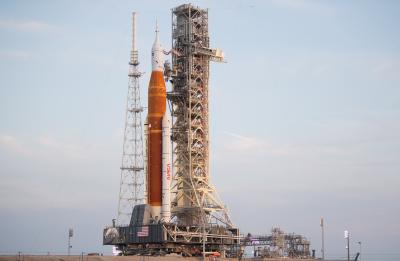 NASA’s Space Launch System (SLS) rocket with the Orion spacecraft aboard is seen atop the mobile launcher as it is rolled up the ramp at Launch Pad 39B, on August 17, 2022, at NASA’s Kennedy Space Center in Florida.