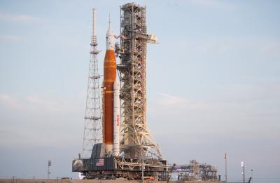 NASA’s Space Launch System (SLS) rocket with the Orion spacecraft aboard is seen atop the mobile launcher as it is rolled up the ramp at Launch Pad 39B, on August 17, 2022, at NASA’s Kennedy Space Center in Florida. NASA’s Space Launch System (SLS) rocket with the Orion spacecraft aboard is seen atop the mobile launcher as it is rolled up the ramp at Launch Pad 39B, on August 17, 2022, at NASA’s Kennedy Space Center in Florida.