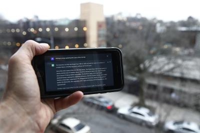 A ChatGPT prompt is shown on a device near a public school in Brooklyn, New York, Jan. 5, 2023. (AP Photo/Peter Morgan, File) 