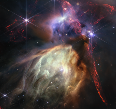Image of the Rho Ophiuchi cloud complex, the closest star-forming region to Earth, taken by JWST. It was released on July 12, 2023 – the one-year anniversary of the day that the first telescope images were made public. Image of the Rho Ophiuchi cloud complex, the closest star-forming region to Earth, taken by JWST. It was released on July 12, 2023 – the one-year anniversary of the day that the first telescope images were made public.