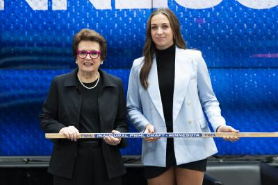 Minnesota's Taylor Heise, right, poses for a photo with former American tennis player Billie Jean King after being selected 1st overall during the first round of the inaugural Professional Women’s Hockey League draft in Toronto, on, September 18, 2023. (THE CANADIAN PRESS/Spencer Colby) 