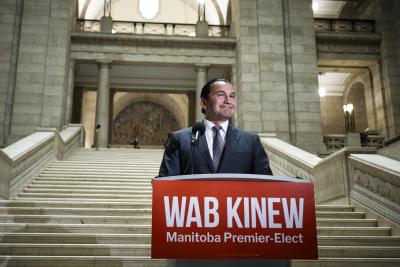 Manitoba Premier-elect Wab Kinew in front of the Manitoba Legislature, Oct. 4, 2023. (THE CANADIAN PRESS/Aaron Vincent Elkaim)