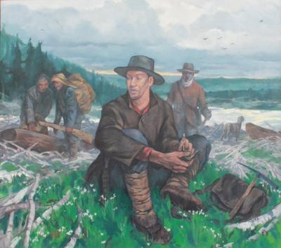 A painting showing John Robert Giscome, Henry McDame, and their two Lheidli T’enneh guides traveling up the Peace River in B.C. (Huble Homestead/Giscome Portage Heritage Society via X.) A painting showing John Robert Giscome, Henry McDame, and their two Lheidli T’enneh guides traveling up the Peace River in B.C. (Huble Homestead/Giscome Portage Heritage Society via X.)