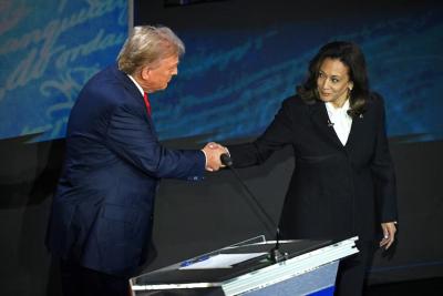 U.S. presidential candidates Donald Trump and Kamala Harris shake hands before a televised debate. (Photo via Facebook.) U.S. presidential candidates Donald Trump and Kamala Harris shake hands before a televised debate. (Photo via Facebook.)