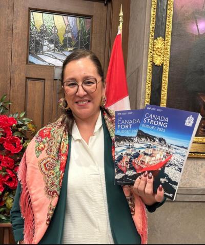 Minister of Indigenous Affairs Mandy Gull Masty holds a copy of the 2025 federal budget. (Photo via X.)