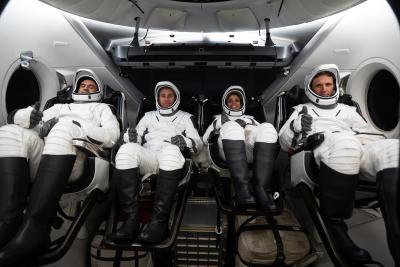 SpaceX Crew 13. From left to right: Sergey Teteryatnikov, Luke Delaney, Jessica Watkins, and Joshua Kutryk. (Photo: Canadian Space Agency, SpaceX)