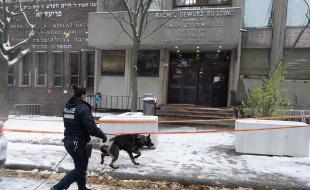 Police in Montreal search for clues outside Yeshiva Gedola school after it was hit by gunfire. (THE CANADIAN PRESS/Ryan Remiorz)