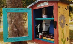 A little library offers free books to passersby. (Photo by Madalyn Cox via Unsplash.)