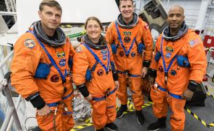 The Artemis II crew, from left to right: Reid Wiseman, Christina Koch, Jeremy Hansen, and Victor Glover. (Photo: NASA/David DeHoyos.)